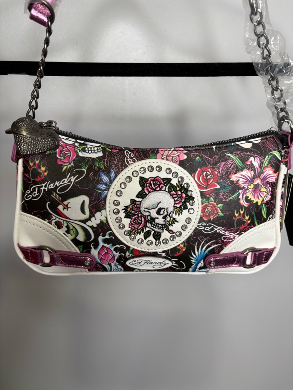 Ed Hardy Black Floral Skull Mini Shoulder Bag